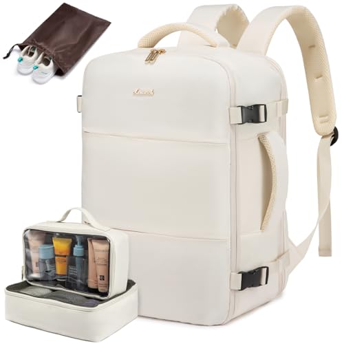 LOVEVOOK Travel Backpack for Women,40L Carry On Backpack Flight Approved with 3 Packing Cubes,TSA Personal Item Travel Bag Fits 17.3” Laptop,Weekender Hiking Business Luggage Daypack Beige