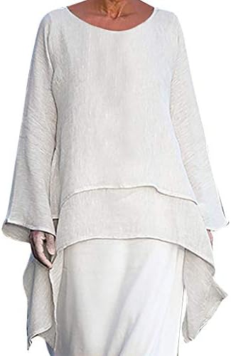 Women's Fashion Plus Size Casual Linen Top Long Sleeve Crew Neck Blouse