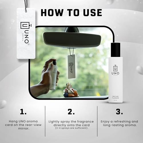 Image of Uno Aroma Orchid Car Perfume - Alcohol-Free, Long-Lasting Car Fragrance, Removes Odours, Toxin-Free & Easy to Use Hanging Card, No-Gas Car Perfume with 200+ Sprays, Last upto 90 days (30mlx2)