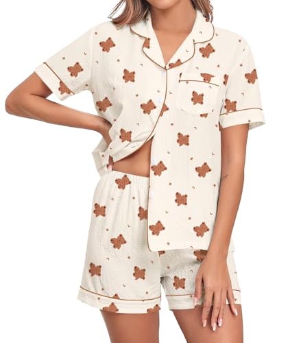 SWOMOG Women 2 Piece Pajamas Sets Short Sleeve Pj Sets Cute Printed Sleepwear Button Down Shirt with Lounge Shorts Set