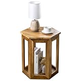 MyGift Hexagon Acacia Wood End Table with Shelf – 20-Inch Tall Small Side Table for Living Room or Bedroom