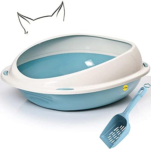 Grey Large Cat Open Litter Tray With Rim +Litter Scoop Bundle Kitten Pet Toilet Plastic Loo Pan Box Set Anti-Spillage Lowered Entry Step Rounded Corners Detachable Rim Easy Cleaning CatCentre®