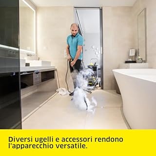 Kärcher pulitore a vapore SG 4/4, pressione vapore: 4 bar, serbatoio: 2,4 l + 2 l, ugello a mano con spazzola, tubo vapore (2 m), 2 ugelli per pavimenti, rivestimento in spugna, accessori