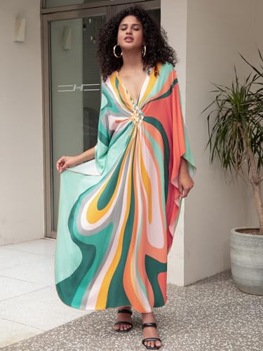 Image of IMAGEKOPE Women's Plus Size Animal Print V-Neck Batwing Kaftan Beach Dress Bathing Suit Cover-Up Loungewear