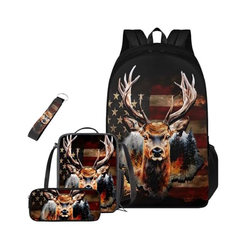 American Flag Deer Hunting Backpack for Kids 14-16 Large Capacity Boys Bookbag with Lunch Bag 4 Pcs Girls School Backpacks Set for Elementary Middle School Casual Rucksack
