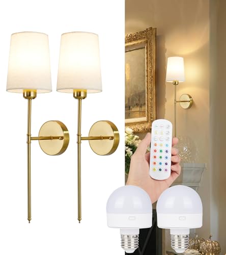 Image of Battery Operated Wall Sconce Set of 2, 12 RGB Light Bulb & Remote Control, Wireless Wall Light with Rechargeable Bulb, Fabric Shade & Metal Frame, Brass