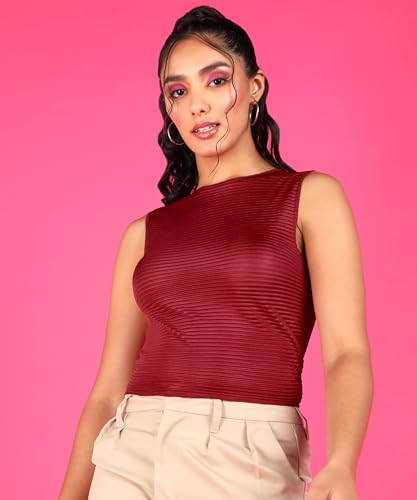 Image of POPWINGS Casual Self-Design Wrinkle Round-Neck Sleeveless Crop Top for Women || Summer Wear Crop Tops for Women || Stylish Western Regular Wear Women Crop Tops
