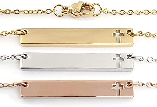 Bar Necklace with Cut Out Cross - Personalized Gift Jewelry - Custom Engraved - Horizontal - Silver, Gold, Rose Gold colors