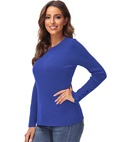 Newshows Women's Spring Long Sleeve Knit Crew Neck Button Stretch Casual Pullover Sweater Fashion 2023(Sapphire Blue,Large) #TOP1