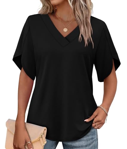 WIHOLL Blouses for Women Short Petal Sleeve Shirts Fashion V Neck Outfits Clothes Ladies Tops Business Loose Fit Size 14-16 Black