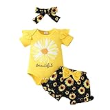 Xiaodriceee Baby Girl Summer Outfit Sunflower Short Sleeve Romper Sunflower Shorts Set Newborn 3 6 9 12 18 Months Clothes (D-Yellow, 0-3 Months)