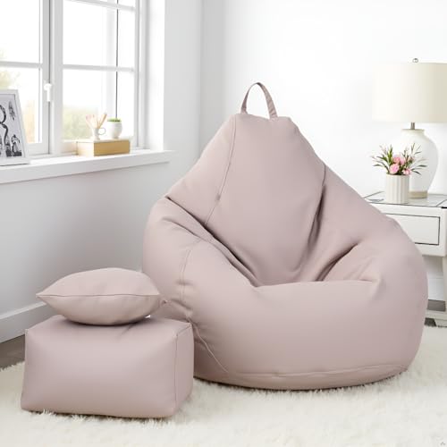 Image of 5XL Premium Leatherette Bean Bag with Rectangular Footrest & Cushion | High Density EPS Beans Filled | Teardrop Shape with Handle | 6 Months Warranty (Beige, 5XL Combo Pack, Solid)