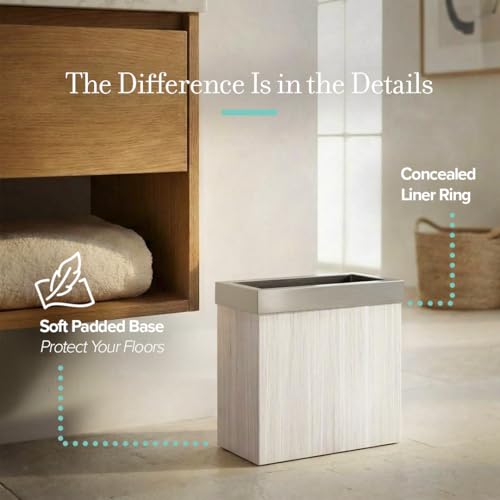 Image of Gatco Small Bathroom Trash Can with Lid, Rectangle 3 Gallon Wastebasket, Under Sink, White Oak with Satin Nickel, for Bathroom, Bedroom, Office (1943SN)