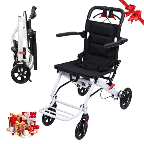 Lightweight Transport Wheelchair Compact Folding Wheelchair with Telescopic Handle Portable for Easy Travel Folding Travel Wheel Chairs for Adults Seniors Kids Supports 200lbs Capacity (White)