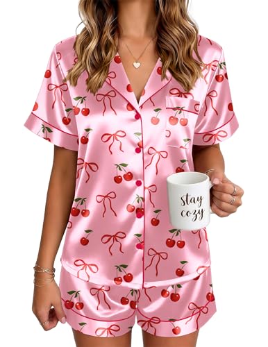 Ekouaer Womens Pjs Sets Silk Pajamas Short Set 2 Piece Button Down Loungewear Summer Matching Satin Sleepwear Cherry and Bow M