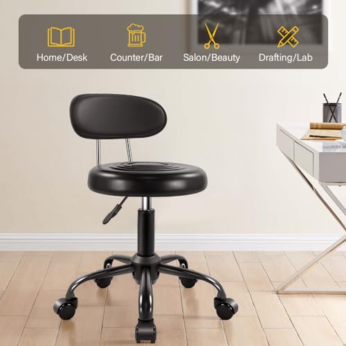Image of WKWKER Rolling Stool with Wheels Swivel Stool with Back Height Adjustable Chair PU Leather Rolling Chair Ideal for SPA Salon Home Office Drafting Work (Black)