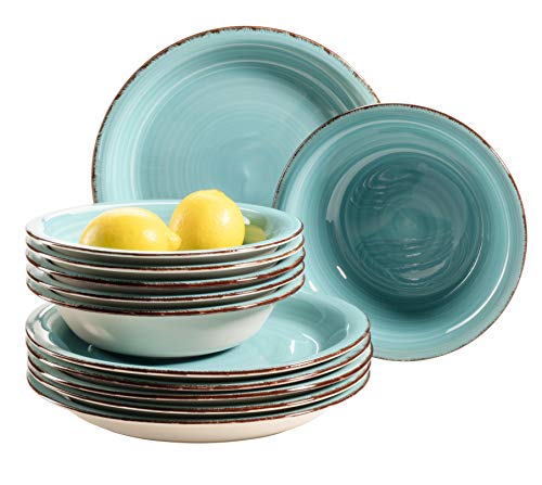 MÄSER Bel Tempo II Teller-Set für 6 Personen im modernen Vintage Look, 12-teiliges Tafelservice, handbemalt, Türkis, Steingut, 27 centimeters