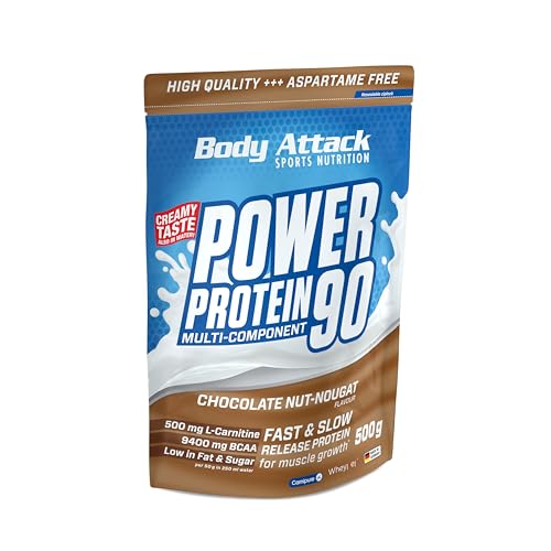 Body Attack Power Protein 90, Nocciola, 500g, 5K proteine in polvere con proteine del siero di latte, L-carnitina e BCAA per la costruzione muscolare e il fitness.