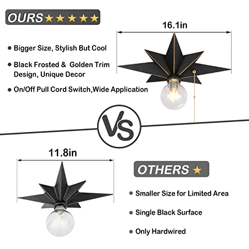 16 Inch Flush Mount Ceiling Light With Pull Chain On/Off Switch, Industrial Black Star Ceiling Light Fixtures, Farmhouse Lighting For Hallway, Entryway, Porch, Study, Bedroom, Stair, Kitchen, Bathroom #TOP1
