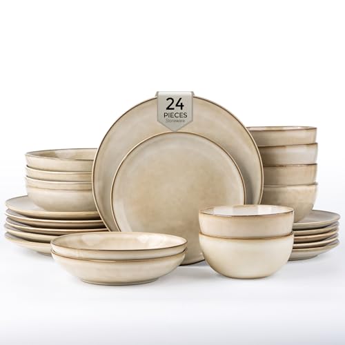 Image of GBHOME Dinnerware Sets For 6, 24Pcs Stoneware Plates and Double Bowls Sets, Dishwasher&Microwave Safe