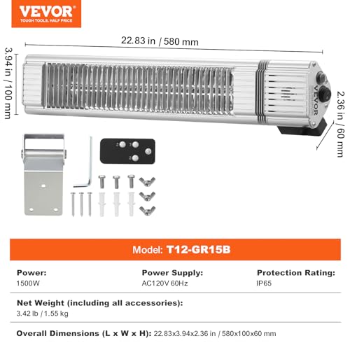 Vevor T12-GR15B Infrared Heater, 1500W Remote Control Electric Space Infrared Heater, Ip65 Protection Carbon Infrared Outdoor Heater With 3 Speeds, For Porch,Patio,Dining Room,Studio,Backyard,Garage thumb #6