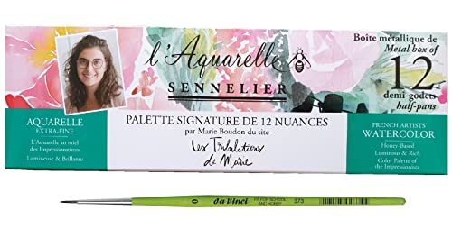 Sennelier ESPACE BEAUX ARTS Aquarelle Extra-Fines, set Marie Boudon,12 semigodets Caja de metal, fabricado en Francia y pinceles Da Vinci Cover