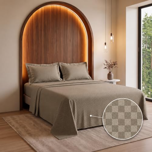 Image of LANE LINEN 400TC 100% Cotton Micro Check King Size Bedsheet - Taupe | OEKO-Tex Certified, 108 x 108 Inch, Fits King & Double Size Bed, Breathable & Wrinkle-Free, Includes 2 Pillow Covers