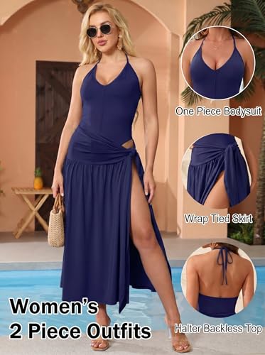 Image of Two Piece Skirt Set Women Sexy Halter Backless Bodysuit and Wrap Tied High Split Summer Maxi Skirt Set
