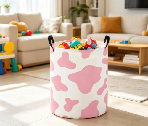 Image of Baby Laundry Basket Baby Nursery Hamper Kids Laundry Basket Toy Storage Bin for Boys Room Decor Gift Baskets for Bedroom Bathroom(Pink Cow)