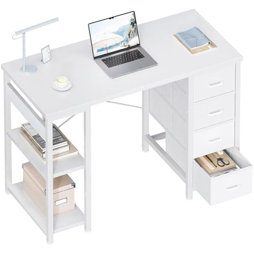 ODK 40 Inch Small White Computer Desk with 4 Fabric Drawers, Modern Office Desk for Home Office...