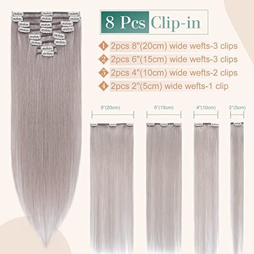 Image of Clip in Remy Hair Extensions Human Hair Grey for Women 20 inch 70g Light Long Seamless Clip on Real Hair Skin Weft Rooted Clips Hairpiece 8pcs Weft Long Straight Full Head