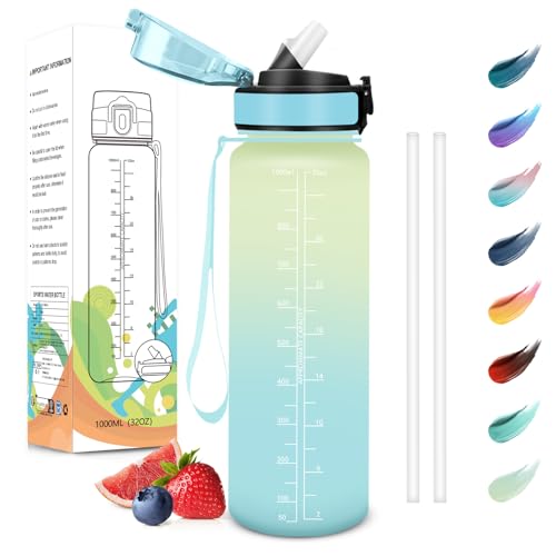 Motswedi botella agua 1 L, Sin BPA, Botella Agua con Pajita, Reutilizable, Botella Agua Gimnasio, a Prueba de Fugas, Cantimplora para Gym, Oficina, Escuela, Blanquecino Azul Claro