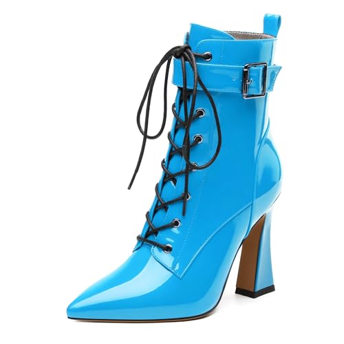 Women's Ankle Boots, Pointed Toe Lace up High Heel Booties, Side Zipper Fashion Solid Short Boot for Women