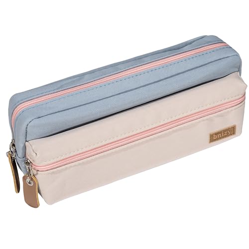 Image of Large Pencil Case, Pencil Pouch with Zipper Compartments, Aesthetic Pencil Case for Adults, Stationery Pouch Pen Case for Office (Blue&Beige)