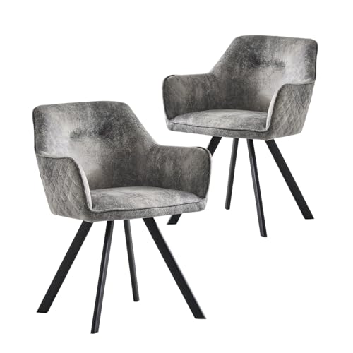 B&D home® Esszimmerstühle Cyrus 2er-Set – Polsterstuhl mit Armlehnen, Wildleder Optik Grau, stabiles Metallgestell schwarz, moderner Industrial-Look für Küche, Esszimmer & Wohnzimmer
