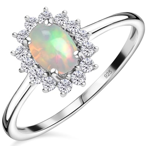 TJC Birthstone Halo Engagement Ring for Women, 925 Sterling Silver Platinum Plated Opal Gemstone Ring, Vintage Royal Halo Ladies Statement Jewellery Gift - Size S