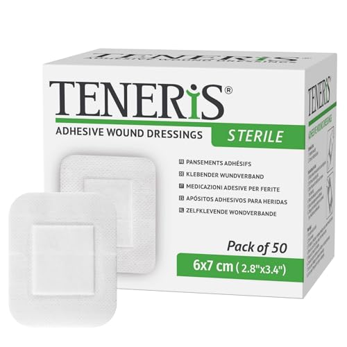 Teneris Sterile Adhesive Wound Dressings 6×7cm Pack of 50 Individually Wrapped Breathable Surgical Plasters for Post-Operative Care Minor Wounds & Medical Device Fixation