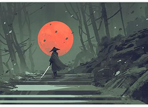 wall26 - Illustration - Samurai Standing on Stairway in Night Forest with The red Moon on Background,Illustration Painting - Removable Wall Mural | Self-Adhesive Large Wallpaper - 66x96 inches