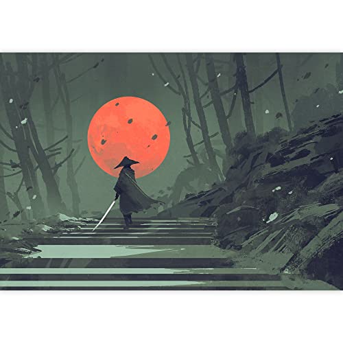 Wall26 - Illustration - Samurai Standing On Stairway In Night Forest With The Red Moon On Background,Illustration Painting - Removable Wall Mural | Self-Adhesive Large Wallpaper - 66X96 Inches #TOP1