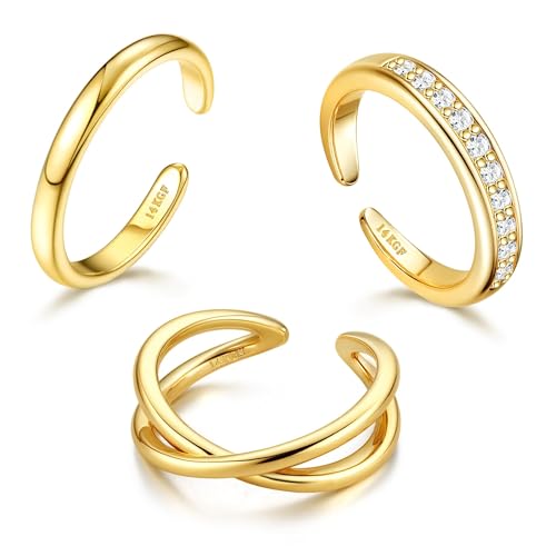 Thunaraz - Thunaraz 3PCS 14K Gold Filled Toe Rings for Women Adjustable Gold Toe Ring Set Open Band Simple/Classic CZ Hawaiian Summer Beach Foot Jewellery Simple