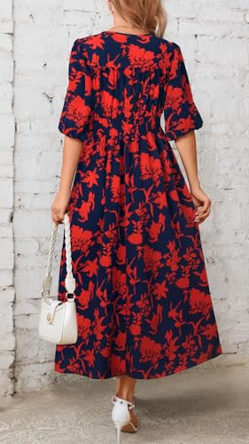 Image of Kormei Women Casual Boho V Neck 3 /4 Sleeve Smocked Waist A Line Flowy Swing Midi Dress Smocked Long Dress