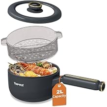 TOPWIT Hot Pot Electric with Steamer, 2L Multifunctional Electric Cooker, Non-Stick Saute Pan, Portable Pot for Steak, Fried Rice, Ramen, Soup with Dual Power Control Spatula Not Included, Grey