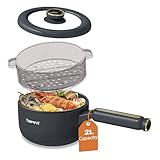 TOPWIT Hot Pot Electric with Steamer, 2L Multifunctional Electric Cooker, Non-Stick Sauté Pan, Portable Pot for Steak, Fried Rice, Ramen, Soup with Dual Power Control (Spatula Not Included), Grey