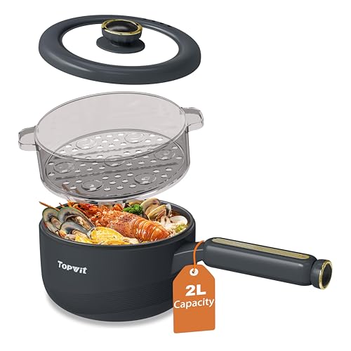 TOPWIT Hot Pot Electric with Steamer, 2L Multifunctional Electric Pot, Non-Stick Fring Pan, Portable Pot for Steak, Fried Rice, Ramen, Soup with Dual Power Control (Silicone Spatula Included), Grey