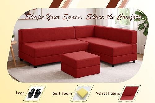 Image of Leg Sofa Cum Bed with Ottoman | Jute Fabric | Multipurpose Folding 3 Seater Sofa Bed 5x6 Ft for Living Room | Space Saving Furniture | Modern Design - Red