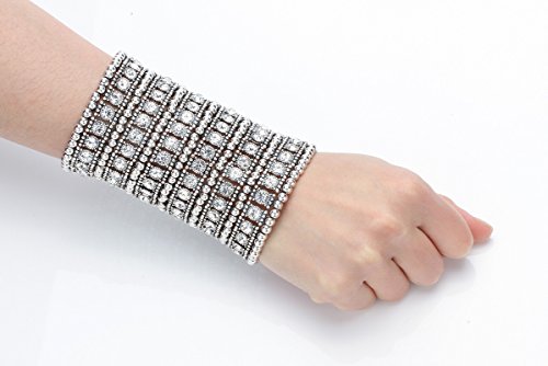 Yacq Women's Big Multilayer Stretch Cuff Bracelets Fit Wrist Size 7 To 7-4/5 Inch - Elastic Band & 6 Row Crystals Jewelry - 4 Inch Wide - Lead & Nickle Free #TOP1