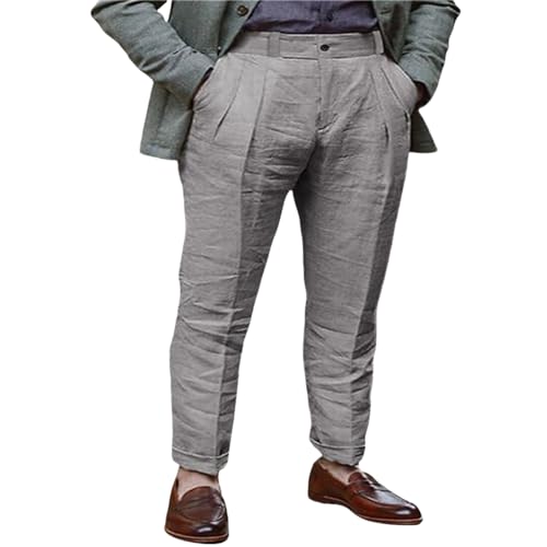 Men's Vintage Linen Pants Lightweight Buckle Back Straight Flat Front Chino Pleated Front Suit Trousers Office Dress Pants