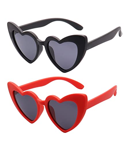 FOURCHEN Lunettes de soleil polarisées flexibles pour enfants - En forme de cœur - Pour filles et garçons, noir/rouge Cover
