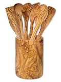 Carquois en bois d'olivier avec 6 couverts en bois d'olivier. Chaque pièce est unique.