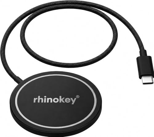 Image of Rhinokey 15W Wireless Charger Qi 1.2 Fast Wireless Charging Pads MagSafe | Magnetic Charger for card Tracker AirPods iPhone & Android Long Cable 100 cm Magnet Pad with Type C to A Cable Converter